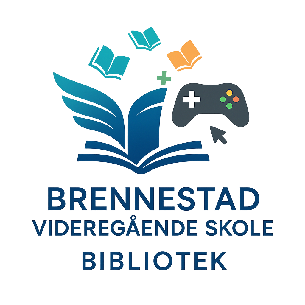 logo til biblioteket med navn, flyvende bøker og gamingkonsoll